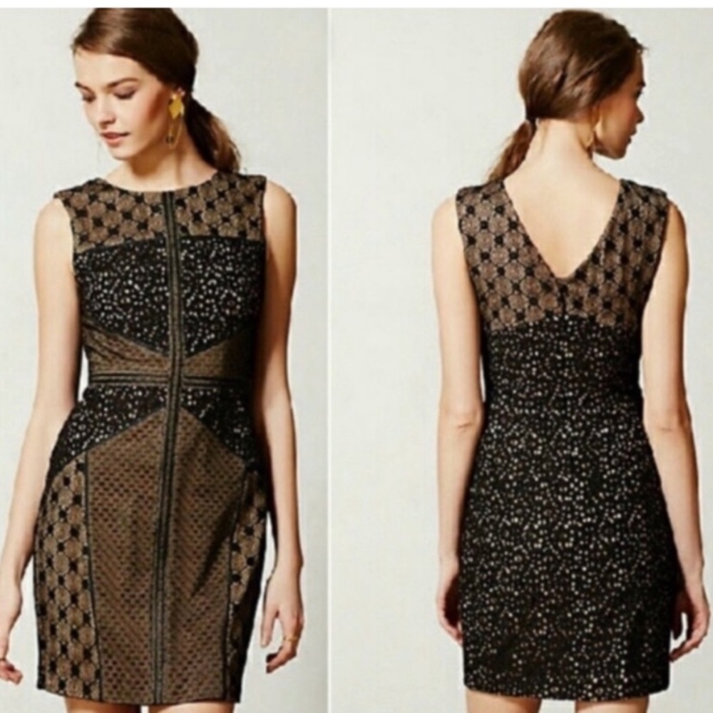Anthropologie Heartloom Lace Topography Black & Nude Sheath Dress Size XS